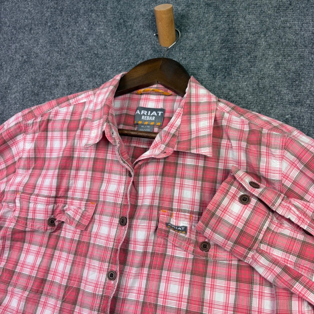 Ariat Rebar Shirt Womens XL Pink Plaid Long Sleeve Button Up Workwear 0291